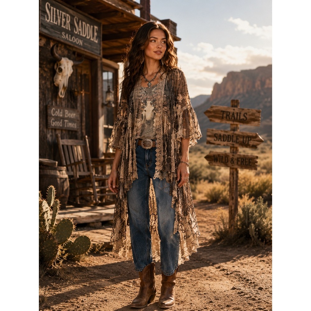 Origami Lace Duster Cardigan Women XL Brown Western Boho Horse Skull Graphic New